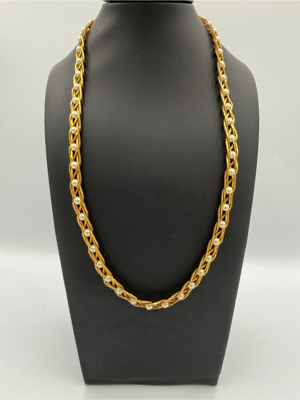 Avon Gold-Tone Braided Necklace with White Pearlescent Beads